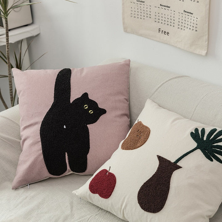 Cheeky Cat Leaf Embroidered Cushion Cover (Cover Only)