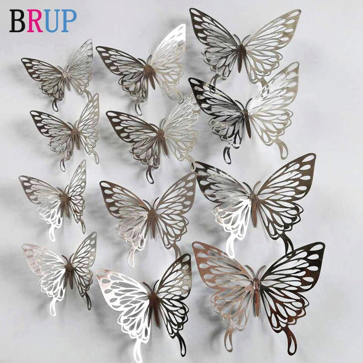 12Pcs 3D Hollow Golden Silver Butterfly Wall Stickers