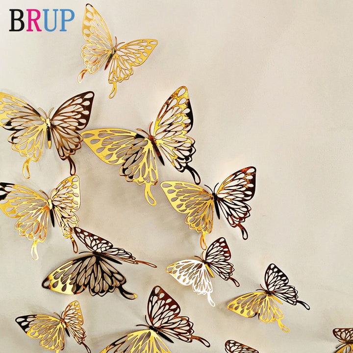 12Pcs 3D Hollow Golden Silver Butterfly Wall Stickers